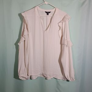 White Ruffle Shoulder Blouse Long Sleeve Split Neck Flowy Top